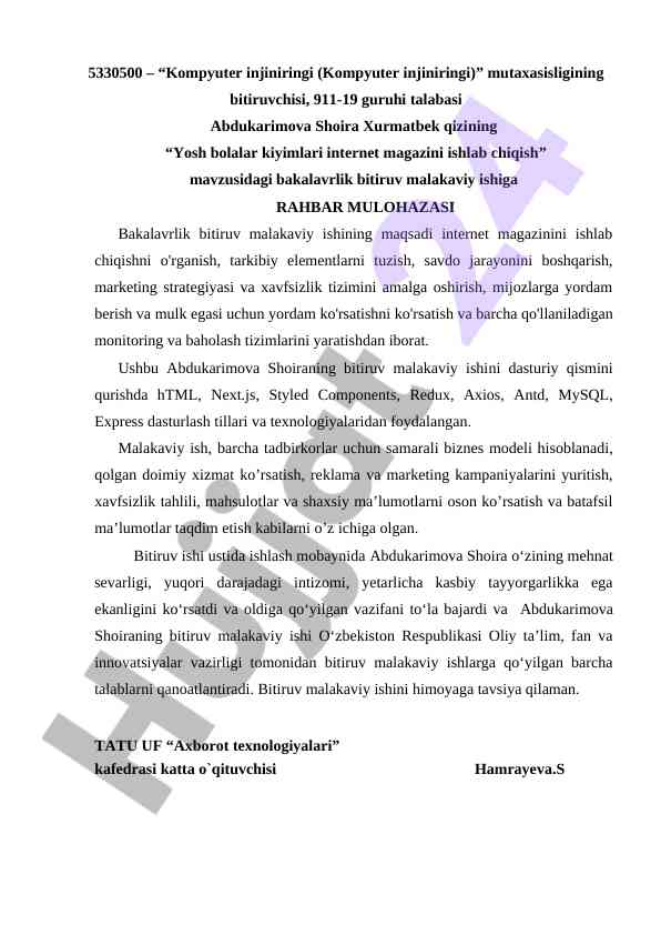 Internet magazinini ishlab chiqish loyihasi