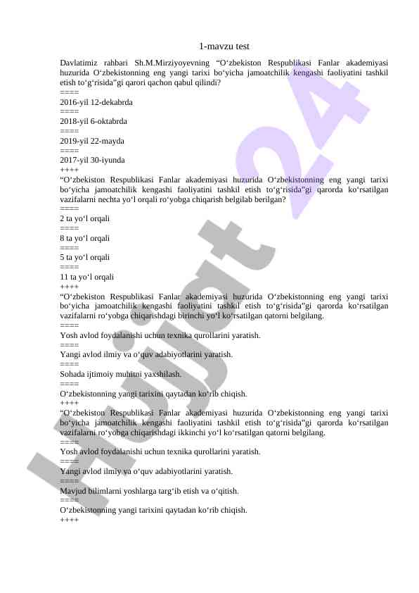 Davlat rahbari qarori bo‘yicha test savollari