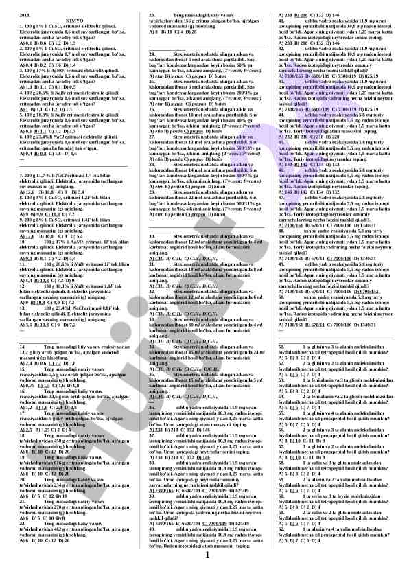 Elektroliz jarayonlari bo‘yicha test savollari