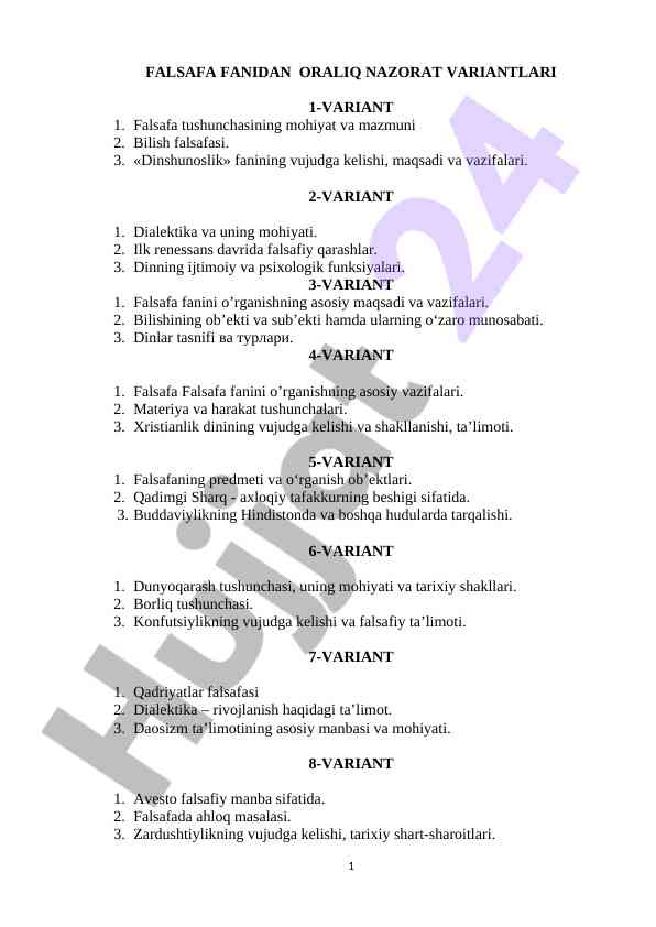 Falsafa fanidan oralıq nazorat variantlari