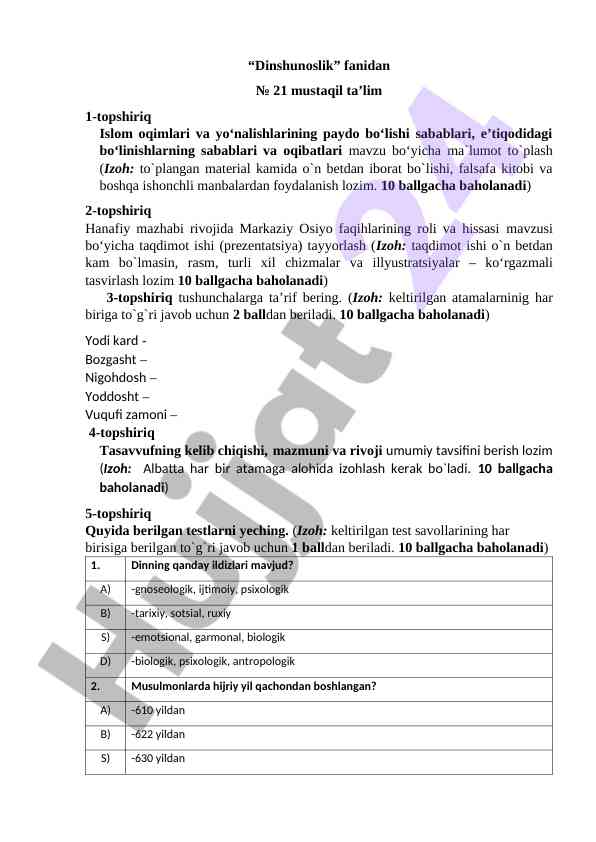 Islom oqimlari va yo‘nalishlari mavzusida mustaqil ish