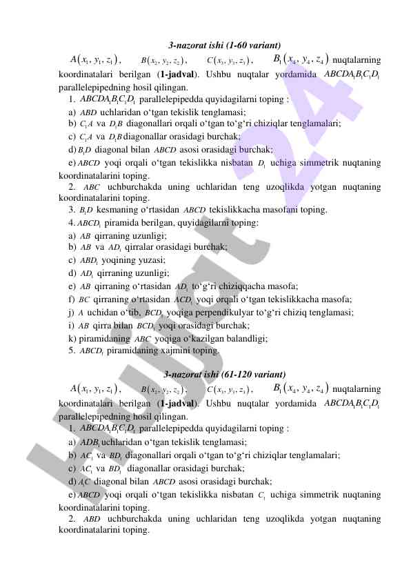 Koordinatalar va parallelepiped topshiriqlari