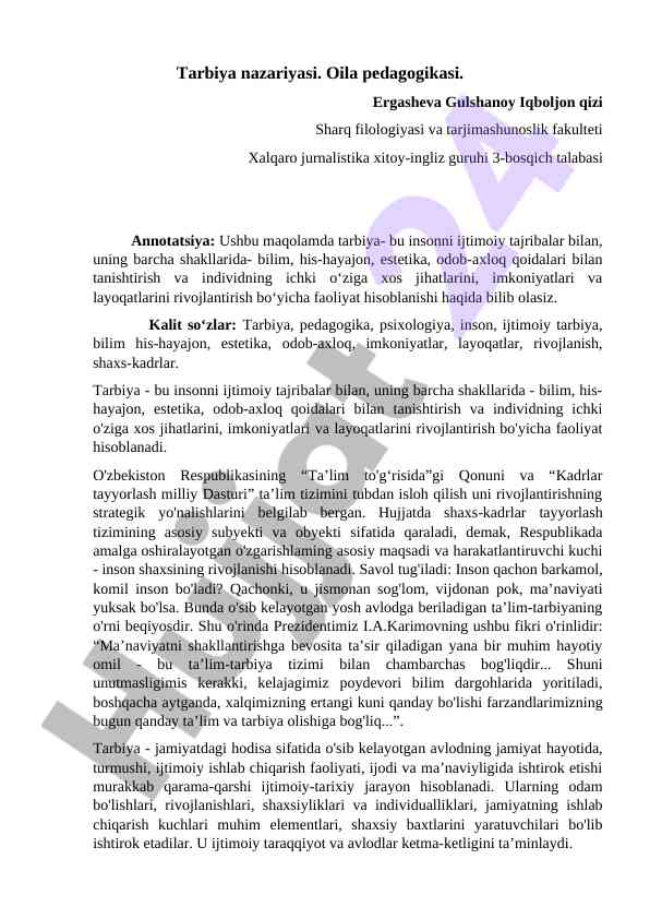 Tarbiya nazariyasi va oila pedagogikasi
