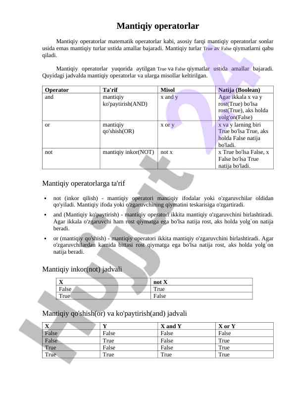 Mantiqiy operatorlar haqida o‘quv qo‘llanma
