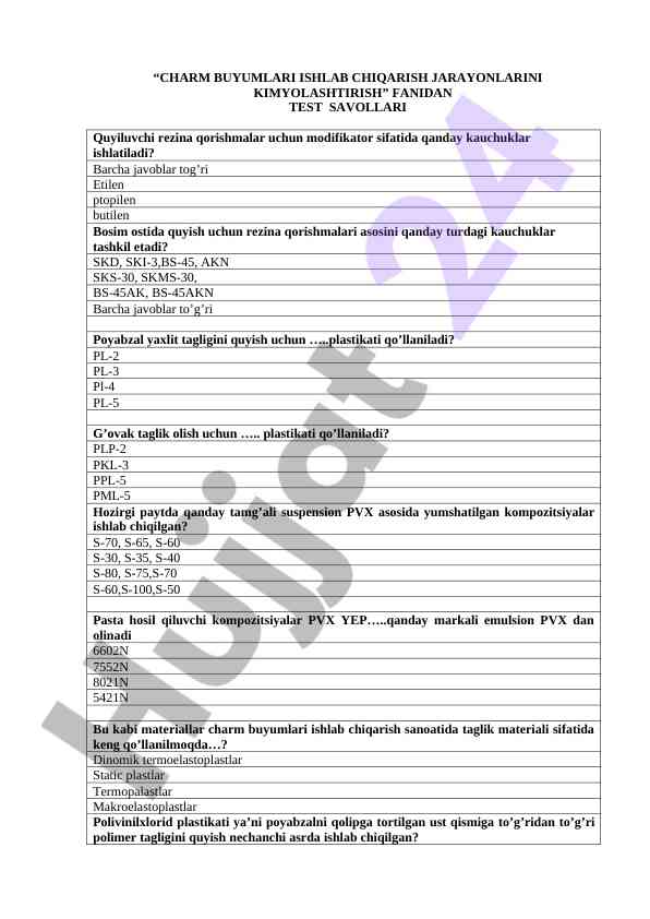 Charm buyumlari ishlab chiqarish test savollari