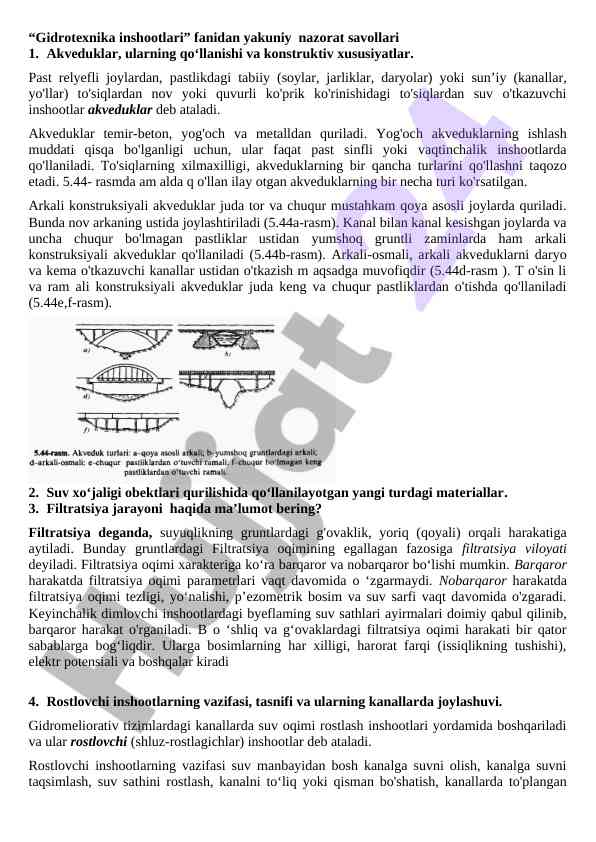 Gidrotexnika inshootlari fanidan yakuniy nazorat savollari