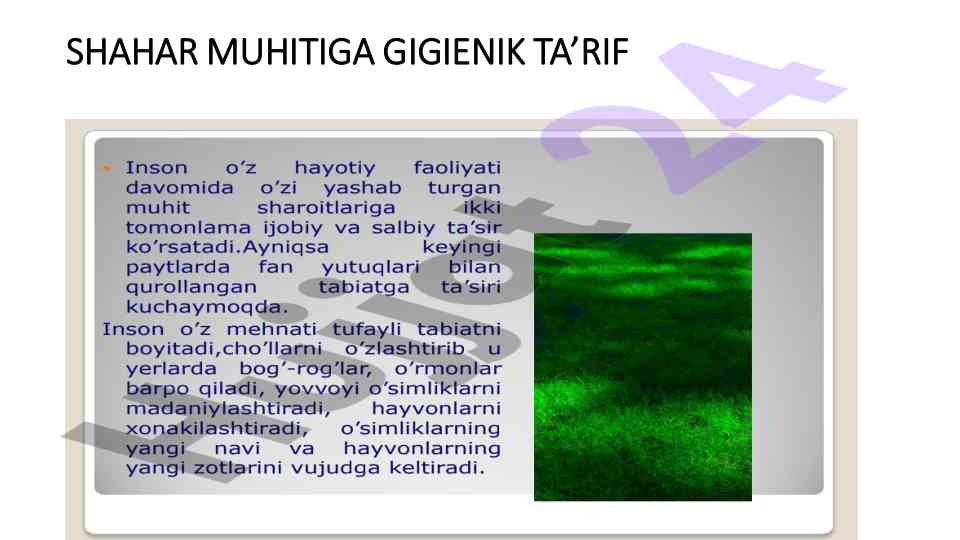 Shahar muhitiga gigienik ta’rif va uning ahamiyati