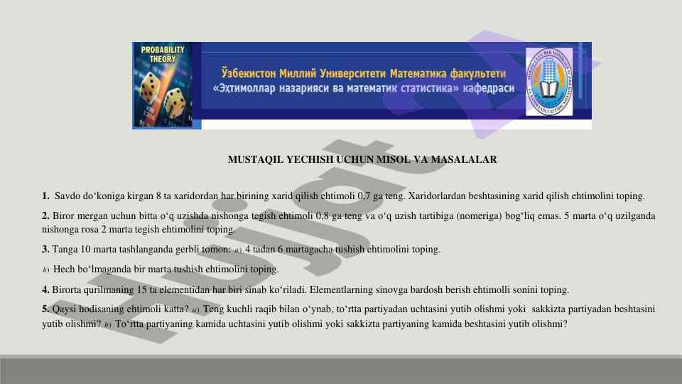 Misol va masalalar bilan mustaqil yechish