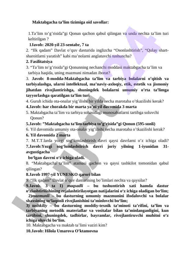 Maktabgacha ta’lim tizimi savollari va javoblar