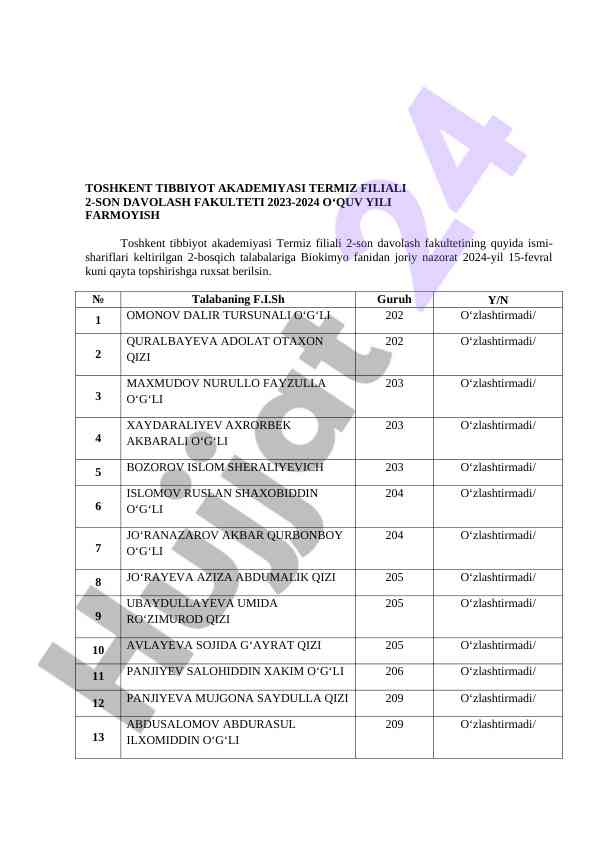 Biokimyo va fiziologiya fanidan nazoratlar joriy nazorat