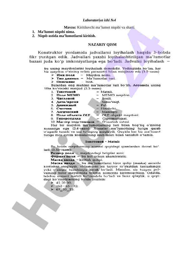 Kiritiluvchi ma’lumot niqobi va sharti uchun laboratoriya