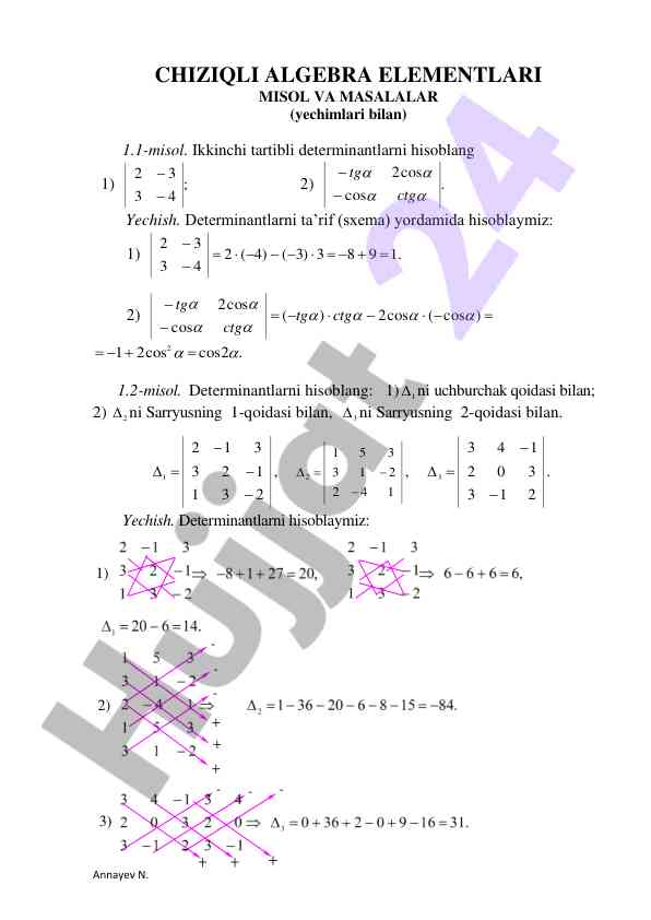 Chiziqli algebra elementlari misol va masalalar