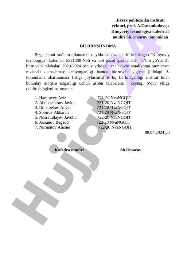 Kimyoviy Texnologiya Talabalarining Malakaviy Amaliyoti