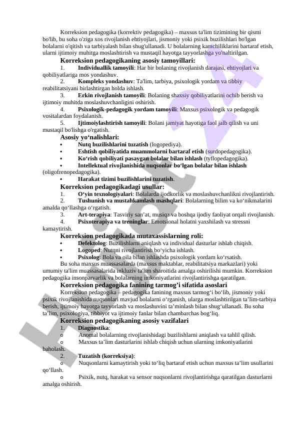 Korreksion pedagogikaning asosiy tamoyillari va yo'nalishlari
