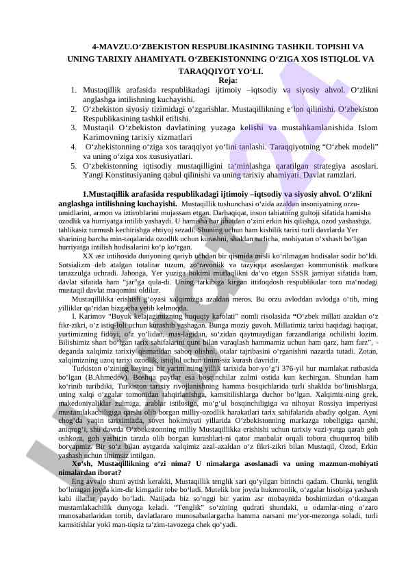 Oʻzbekiston respublikasining ta'sis topishi va tarixi