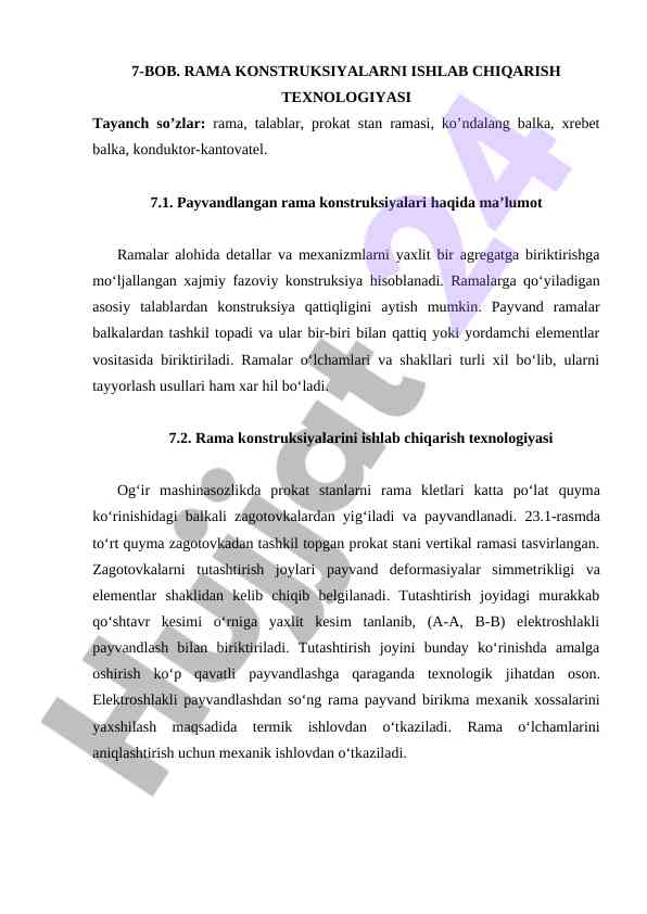 Rama konstruksiyalarni ishlab chqarish texnologiyasi