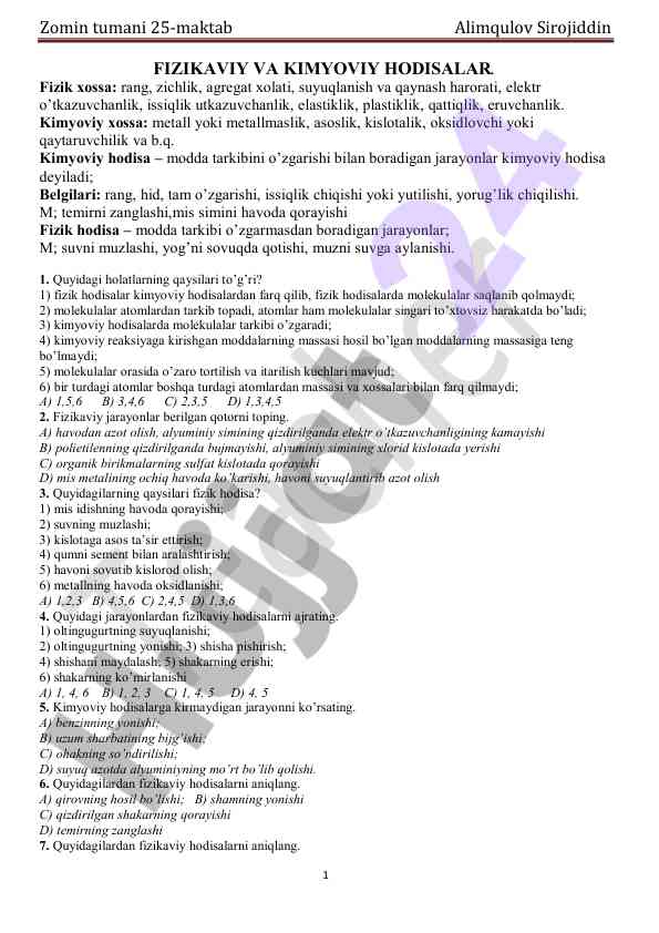 Fizikaviy va kimyoviy hodisalar haqida dars ishlanmasi