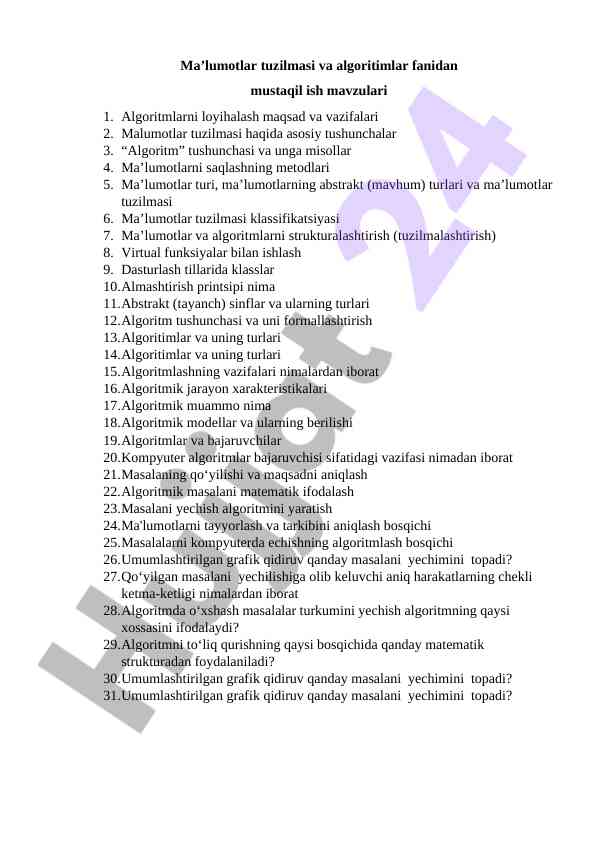Ma'lumotlar tuzilmasi va algoritmlar mavzulari