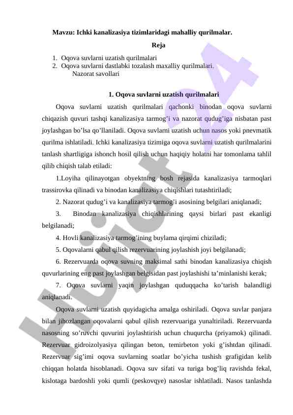 Ichki kanalizasiya tizimlaridagi mahalliy qurilmalar