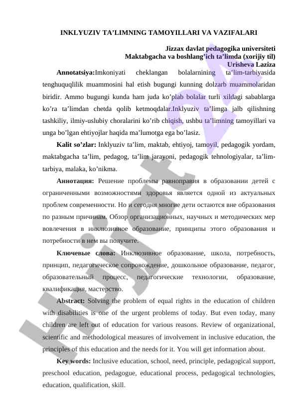 Inklyuziv Ta’limning Tamoyillari Va Vazifalari