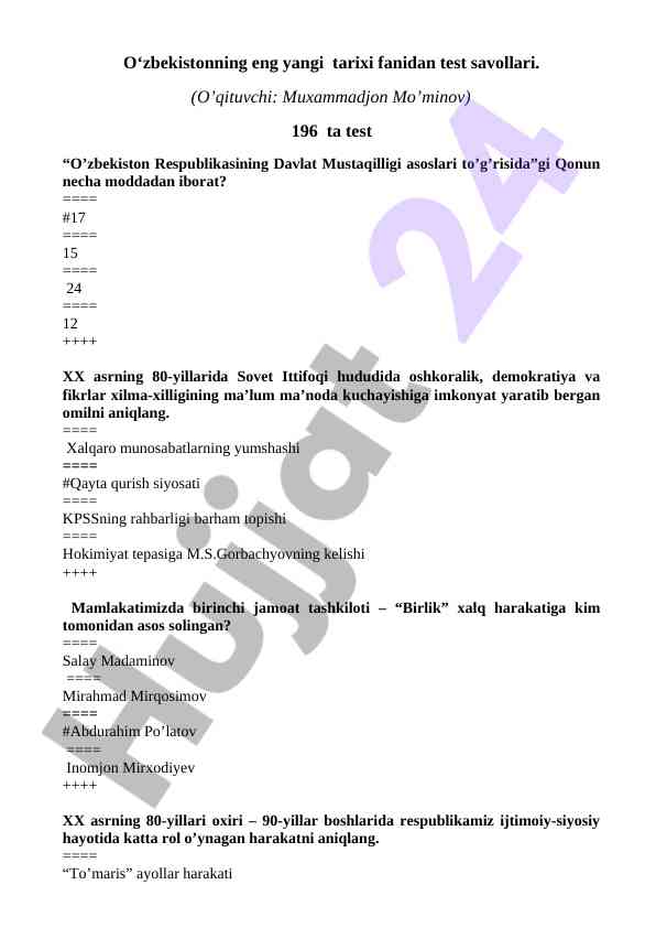 O‘zbekiston tarixi fanidan test savollari