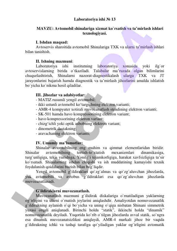 Avtomobil shinalariga xizmat ko'rsatish texnologiyasi