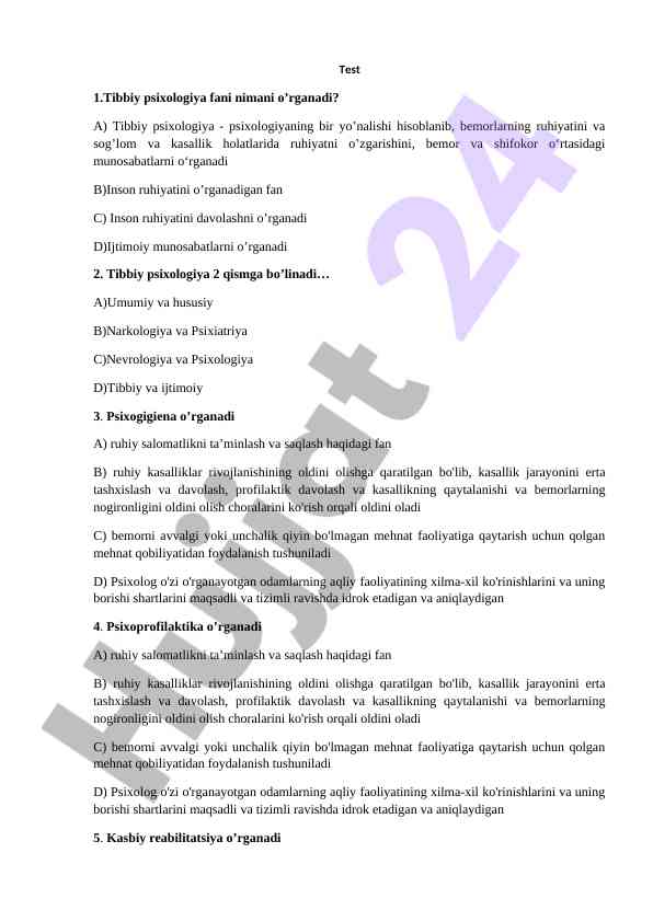 Tibbiy psixologiya fani haqida savollar