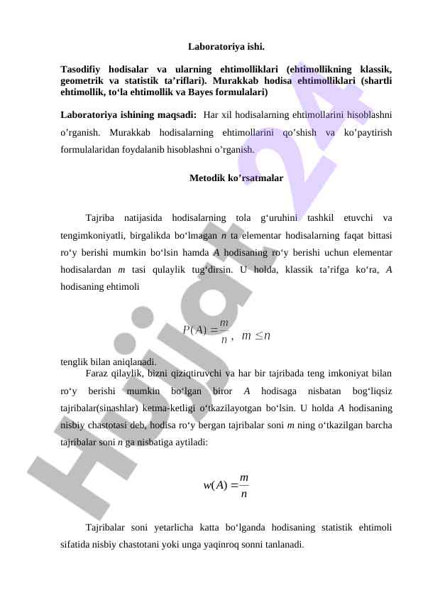Laboratoriya ishida ehtimolliklar hisoblash