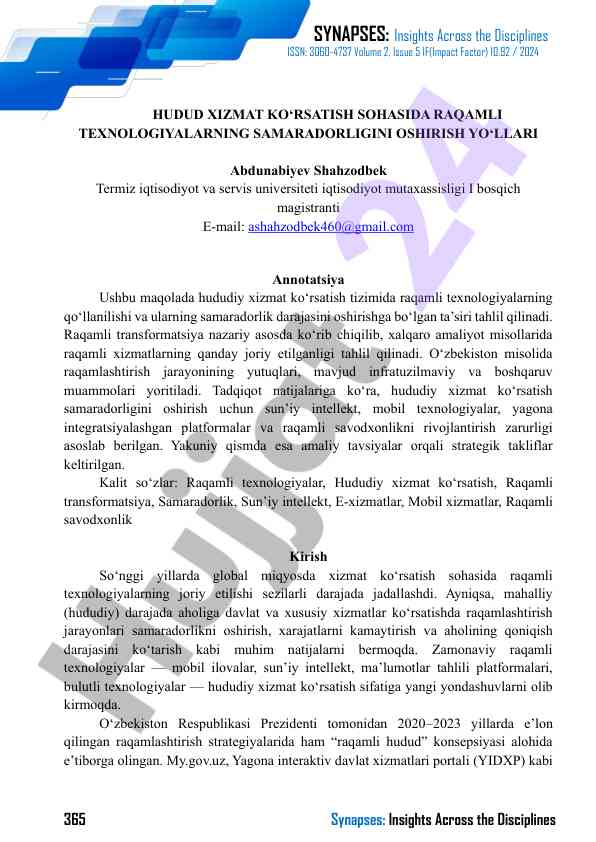 Raqamli texnologiyalarni hududiy xizmatlarda qo‘llash