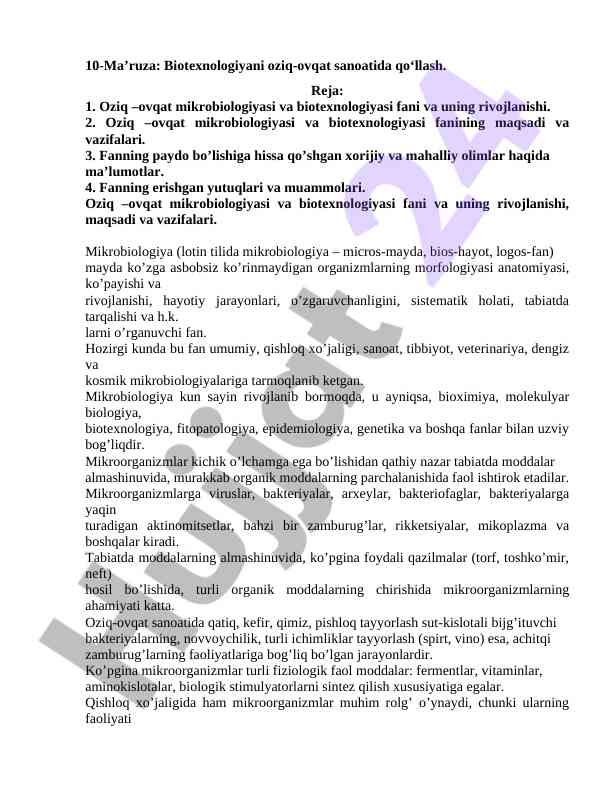 Biotexnologiyani oziq-ovqat sanoatida qo‘llash
