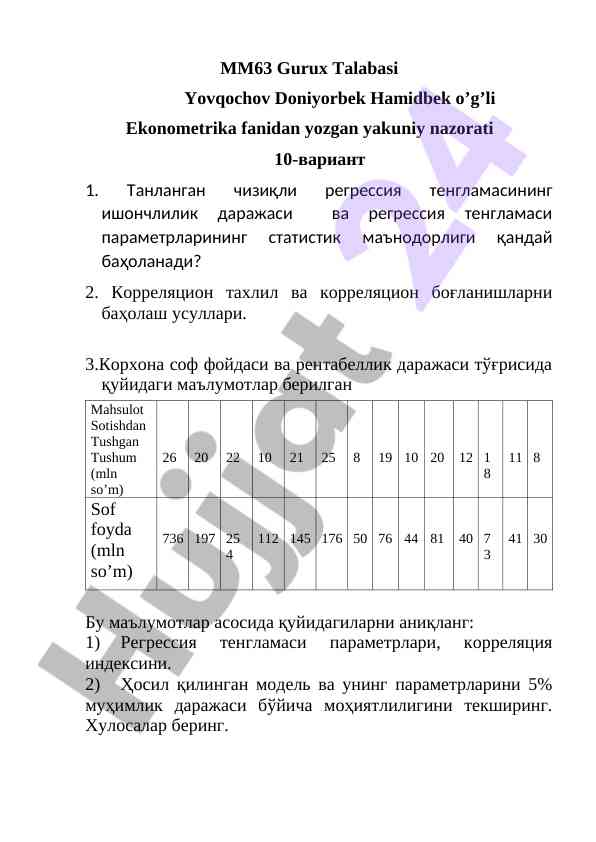 Ekonometrika fanidan yakuniy nazorat varianti