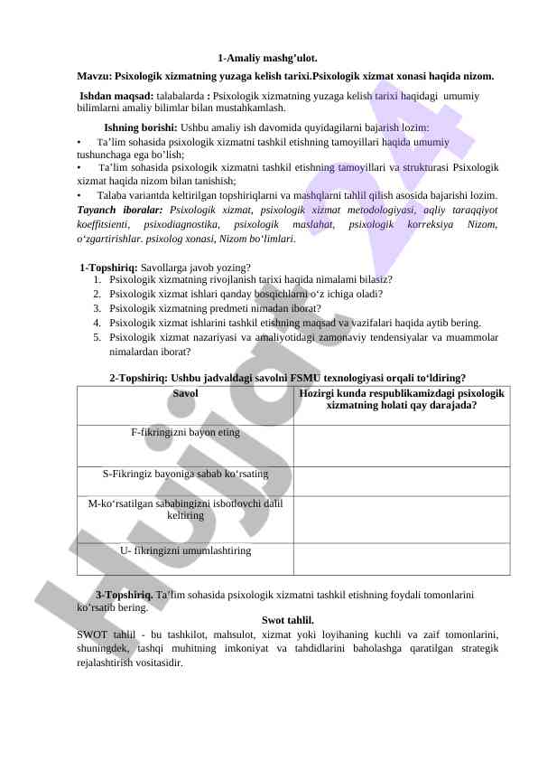 Psixologik xizmatning yuzaga kelish tarixi