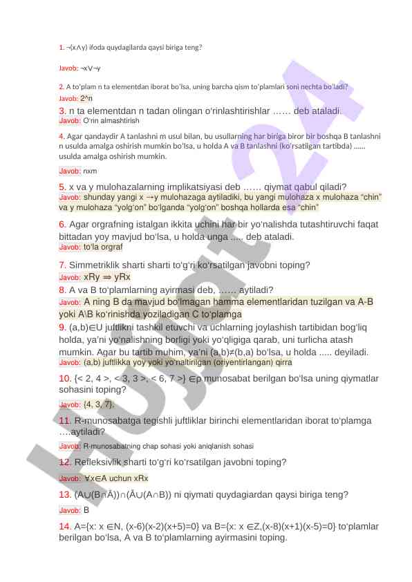Matematika mavzulari bo‘yicha savollar va javoblar