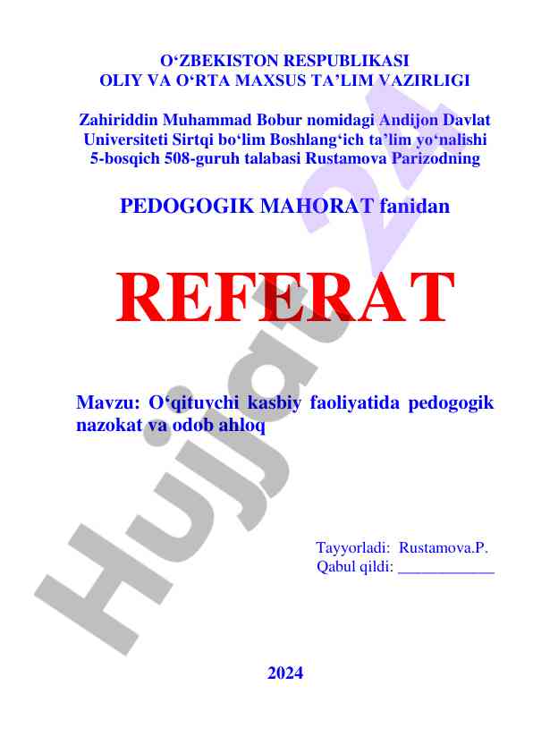 Pedagogik nazokat va odob axloq bo‘yicha referat