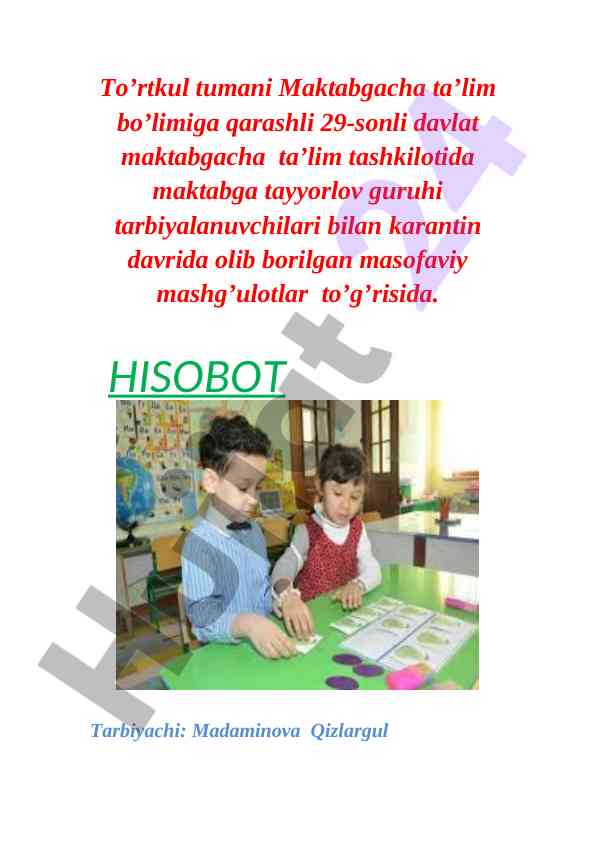 Masofaviy mashg‘ulotlar hisoboti maktabgacha ta’lim