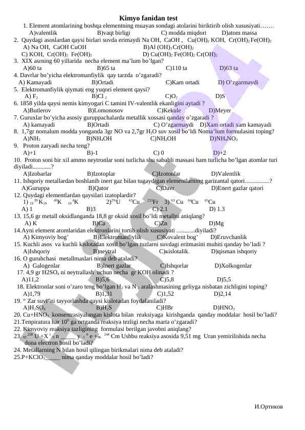 Kimyo Fanidan Test Savollari