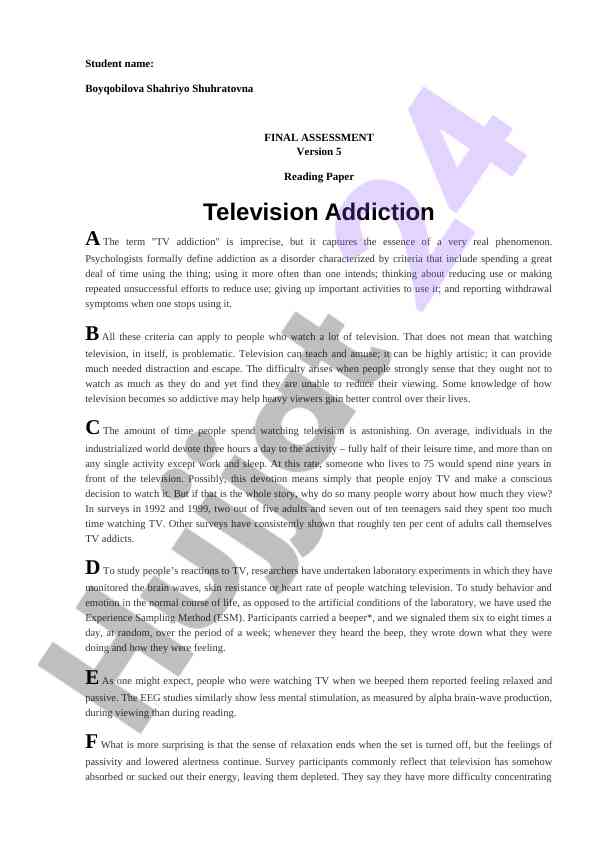 Television addiction analysis and assessment techniques
