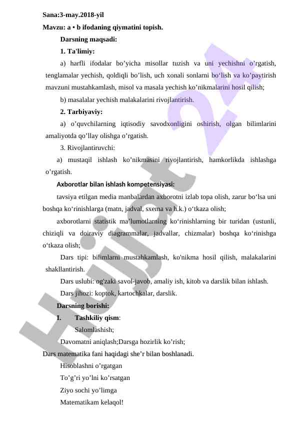 A b ifodaning qiymatini topish dars ishlanmasi