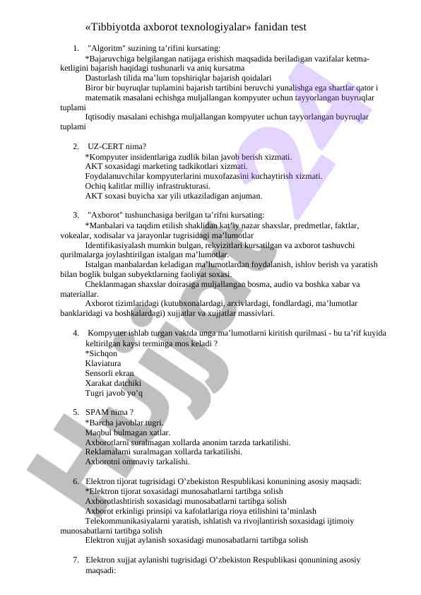 Tibbiyotda axborot texnologiyalaridan testlar