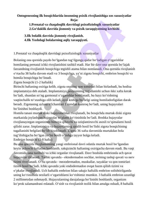 Insonning psixik rivojlanishiga xos xususiyatlar