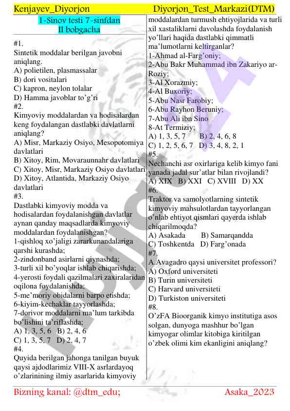 Sinov testi 7-sinf ii bobga qadar savollar