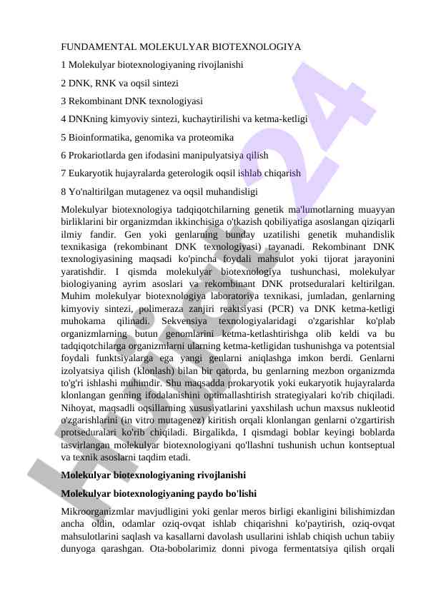 Fundamental molekulyar biotexnologiya asoslari