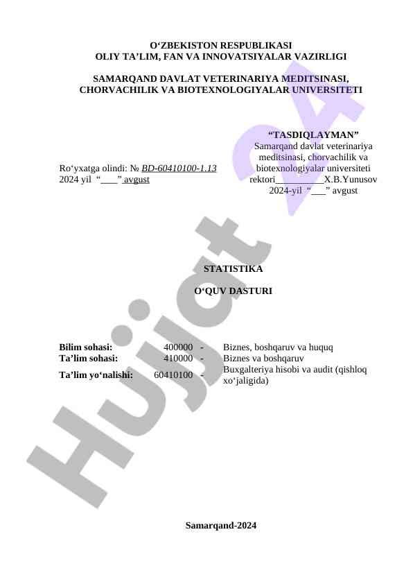 Statistika o‘quv dasturi 2024-2025 yil uchun