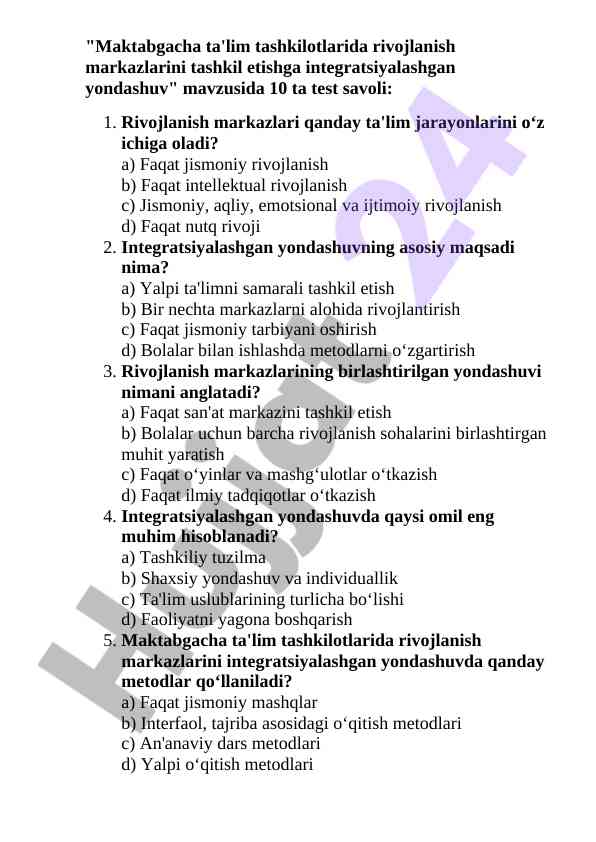 Test savollari maktabgacha ta'lim tashkilotlari uchun