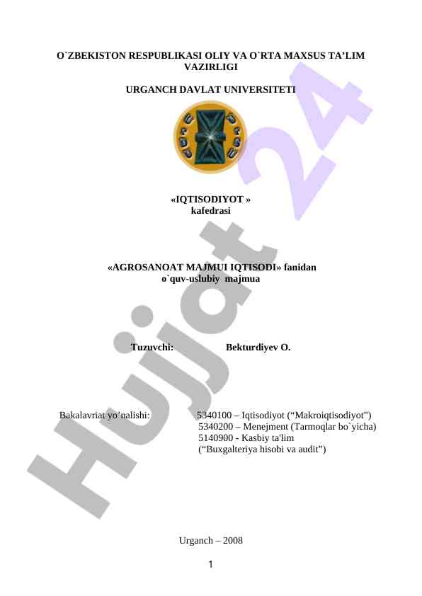 Agrosanoat majmui iqtisod fanidan o‘quv usuliy majmua