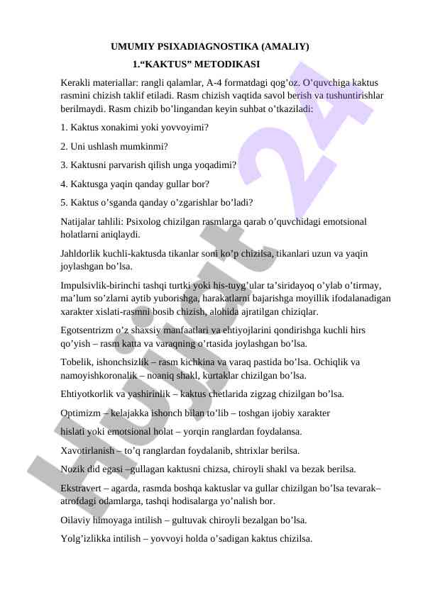Kaktus metodikasi asosida psixadiagnostika