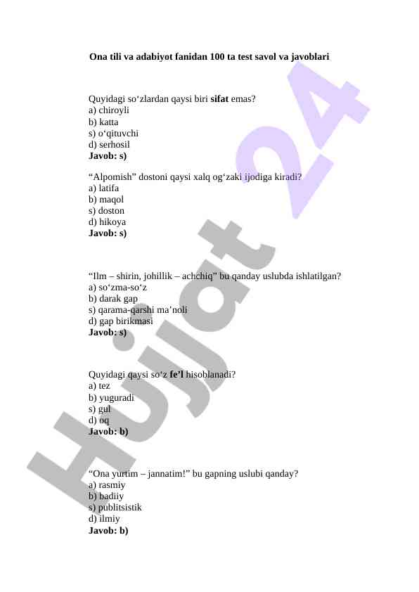 Ona tili va adabiyot fanidan test savollari
