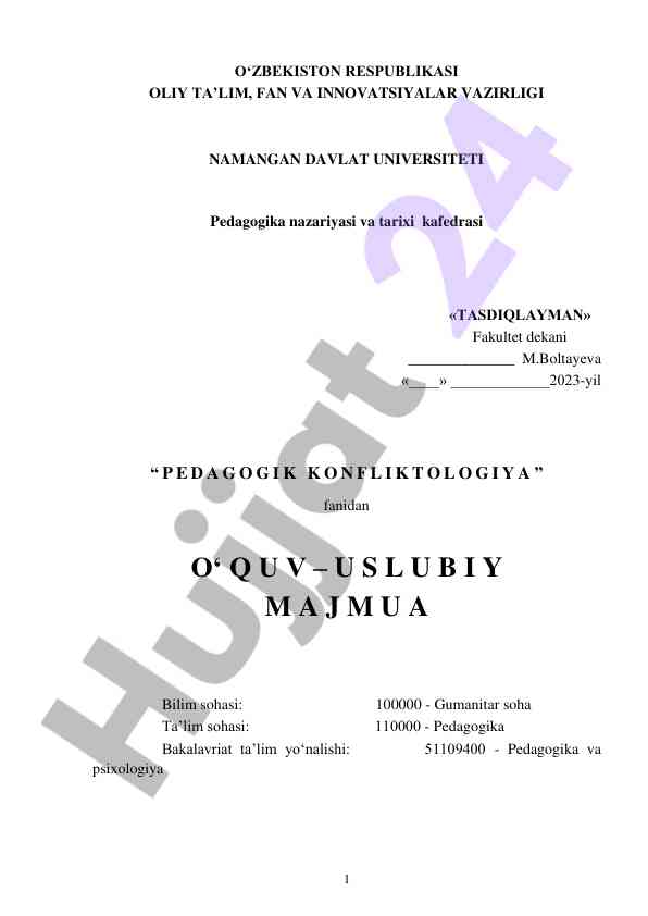 Pedagogik konfliktologiya o‘quv-uslubiy majmua