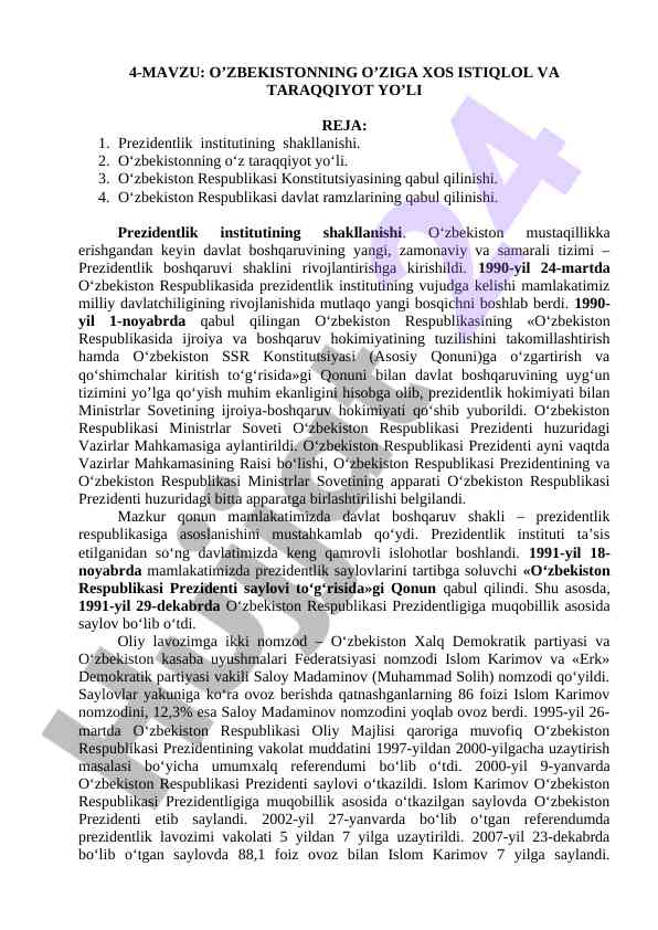 O'zbekistonning mustaqil taraqqiyot yo'li