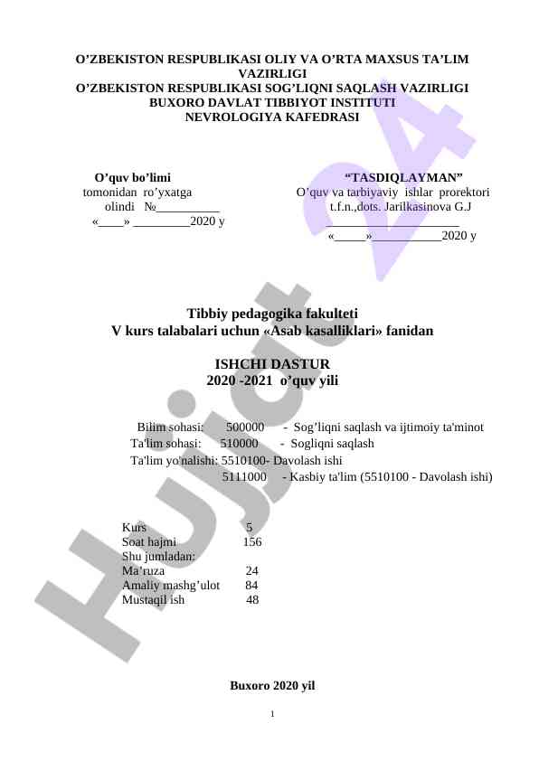 Asab kasalliklari fani uchun ishchi dastur 2020-2021